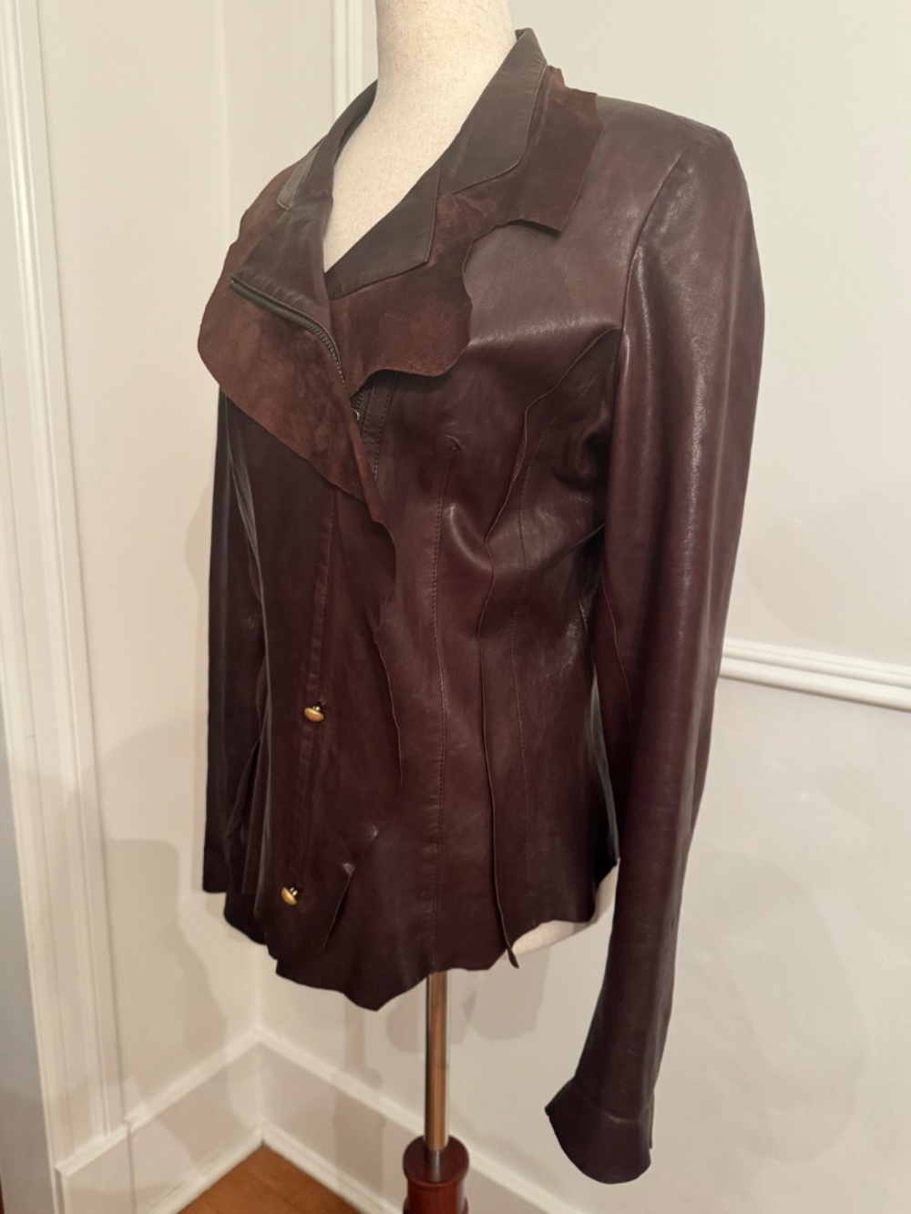 Vintage Roberto Cavalli Mainline 2002 Brown Leather Moto Jacket Suede Leopard 46 - Picture 2 of 9